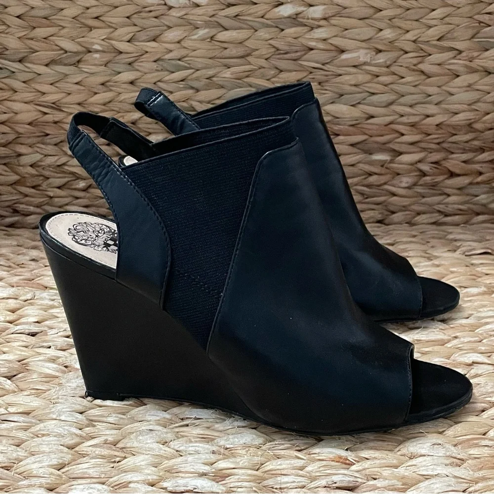 Vince Camuto Open Toe‎ Wedge Booties Black Leather